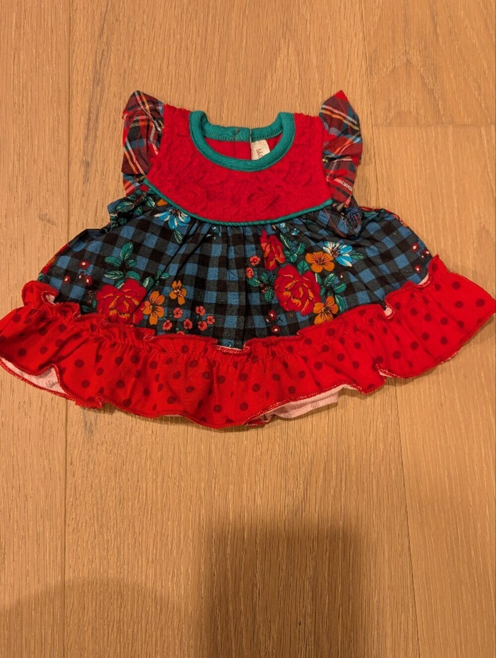 American Girl Floral Plaid Dress with Red Ruffle